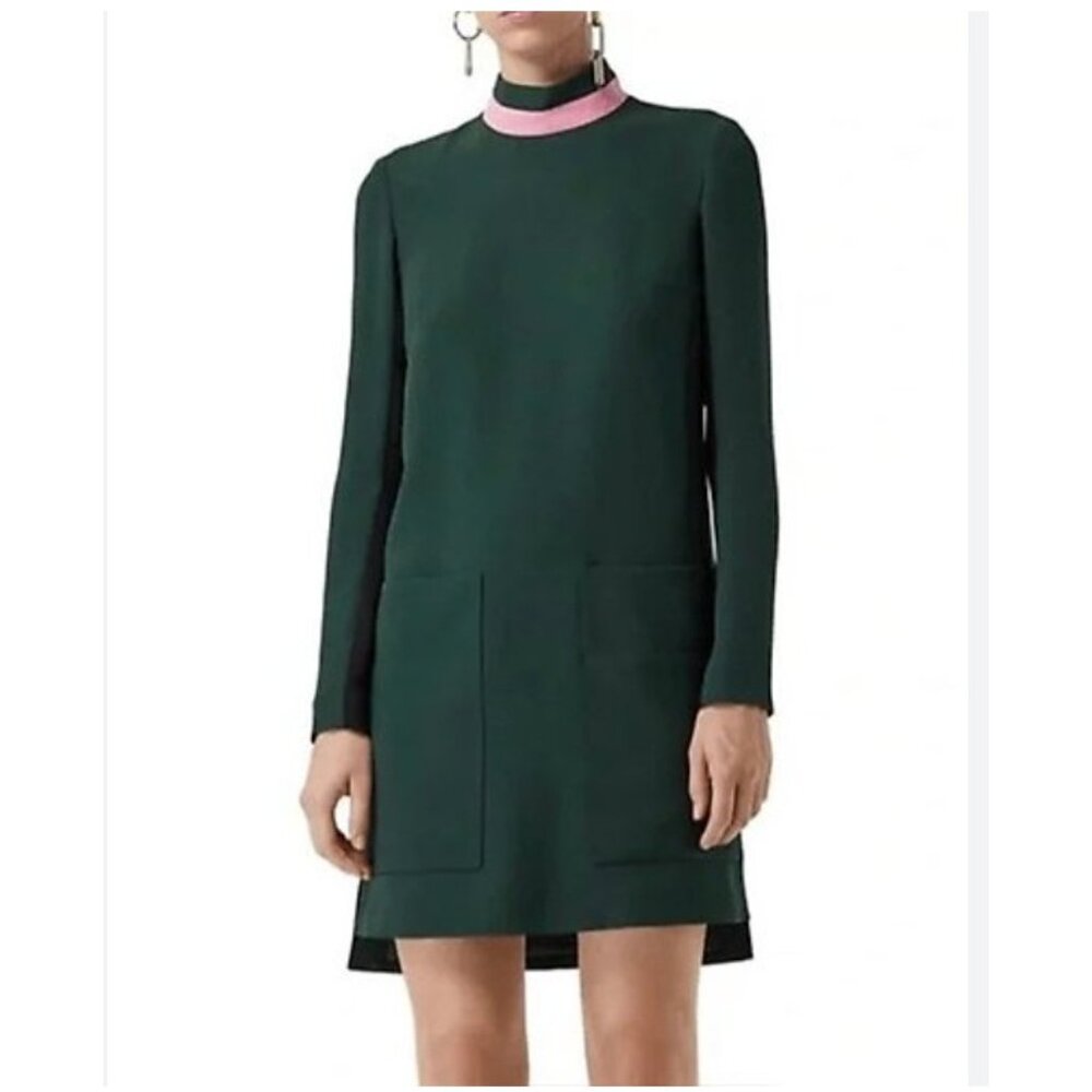 Burberry Dress Womens US 0 Dark Forest Green Zoya Pink Collar Long Sleeve Shift